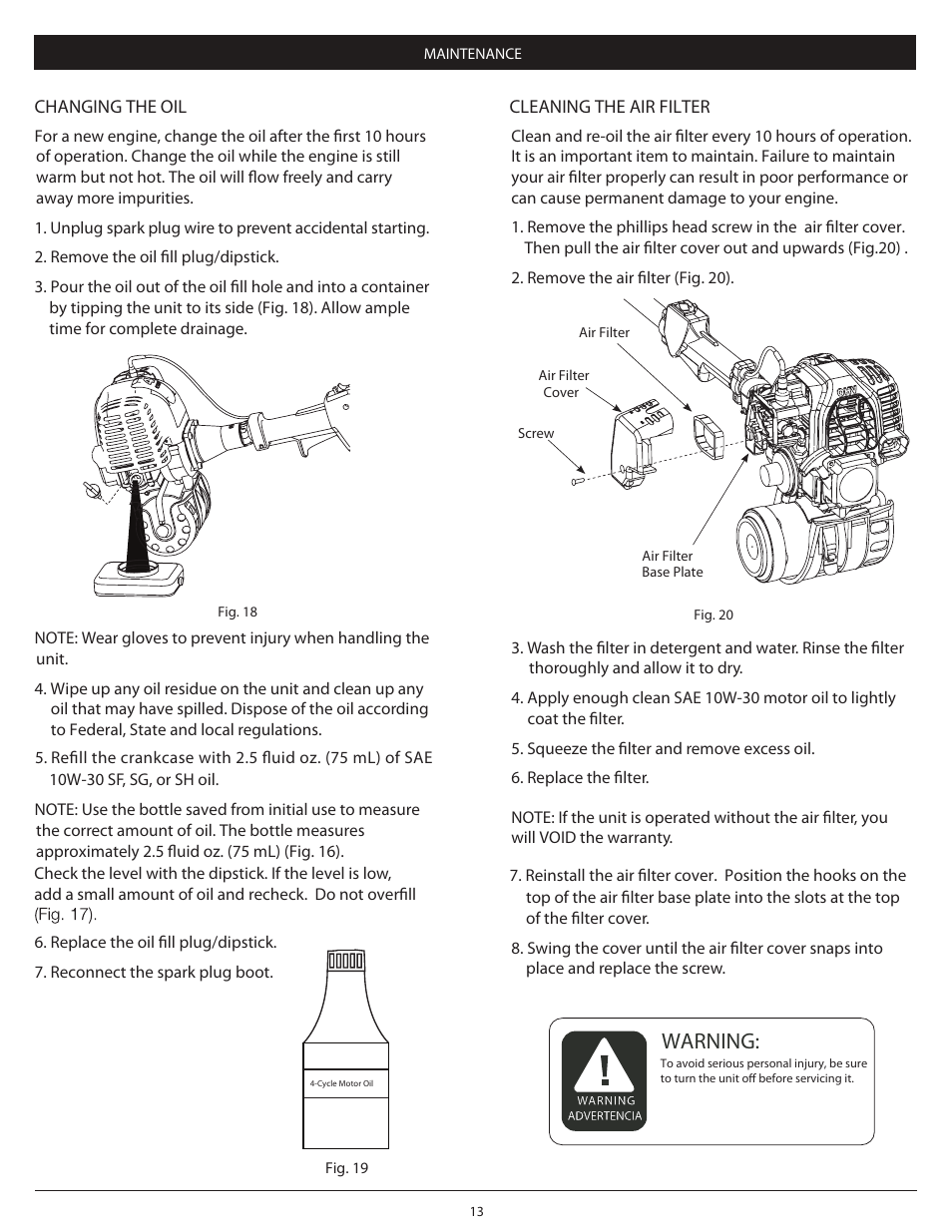 Pg 13, Warning | Craftsman 4-Cycle PROPANE POWERED TRIMMER 104.79211 User Manual | Page 13 / 20