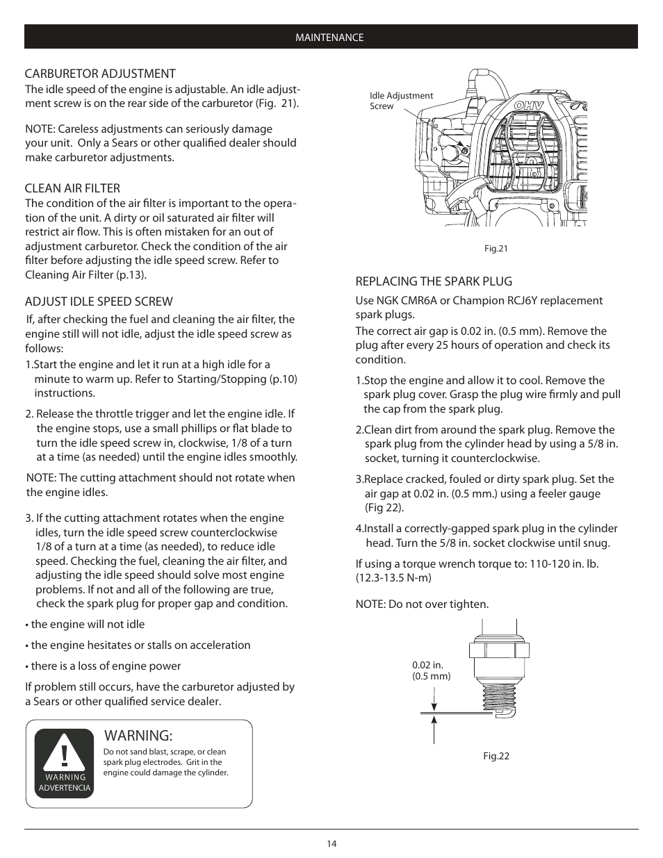 Pg 14, Warning | Craftsman 4-Cycle PROPANE POWERED TRIMMER 104.79211 User Manual | Page 14 / 20