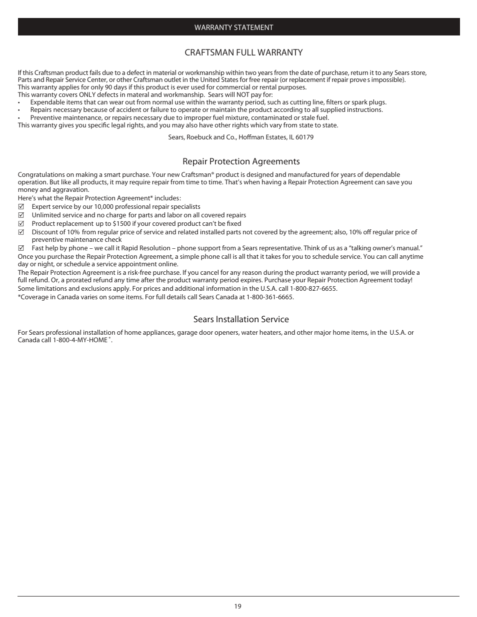 Pg 19, Repair protection agreements, Sears installation service | Craftsman full warranty | Craftsman 4-Cycle PROPANE POWERED TRIMMER 104.79211 User Manual | Page 19 / 20