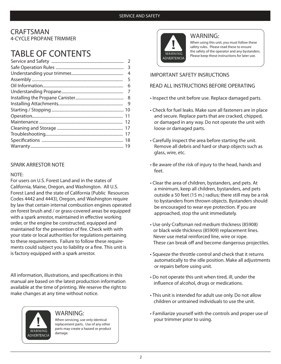 Craftsman 4-Cycle PROPANE POWERED TRIMMER 104.79211 User Manual | Page 2 / 20