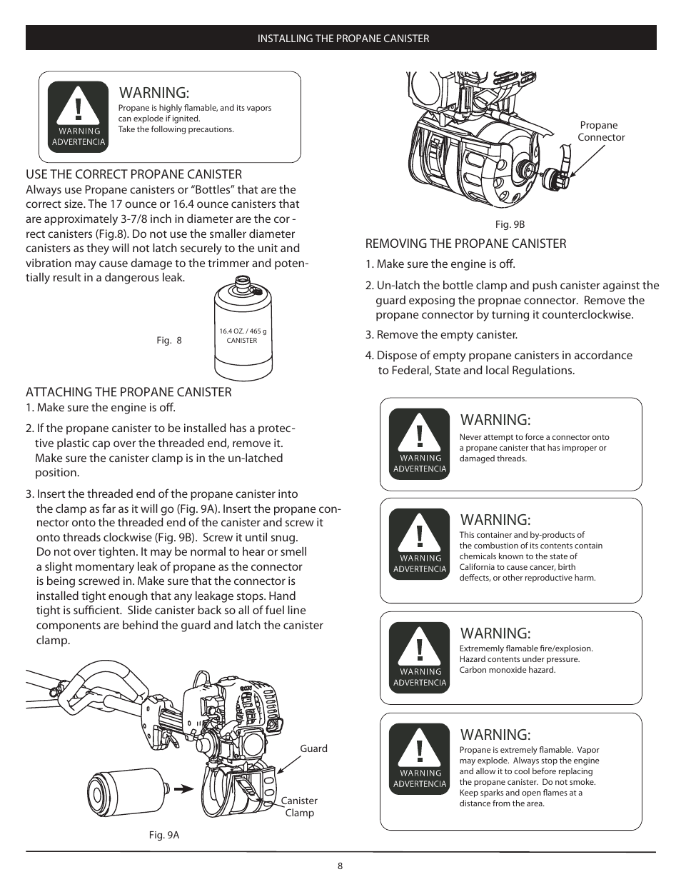 Pg 8, Warning | Craftsman 4-Cycle PROPANE POWERED TRIMMER 104.79211 User Manual | Page 8 / 20