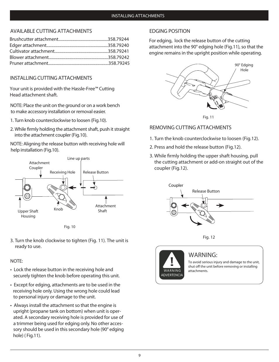 Pg 9, Warning | Craftsman 4-Cycle PROPANE POWERED TRIMMER 104.79211 User Manual | Page 9 / 20