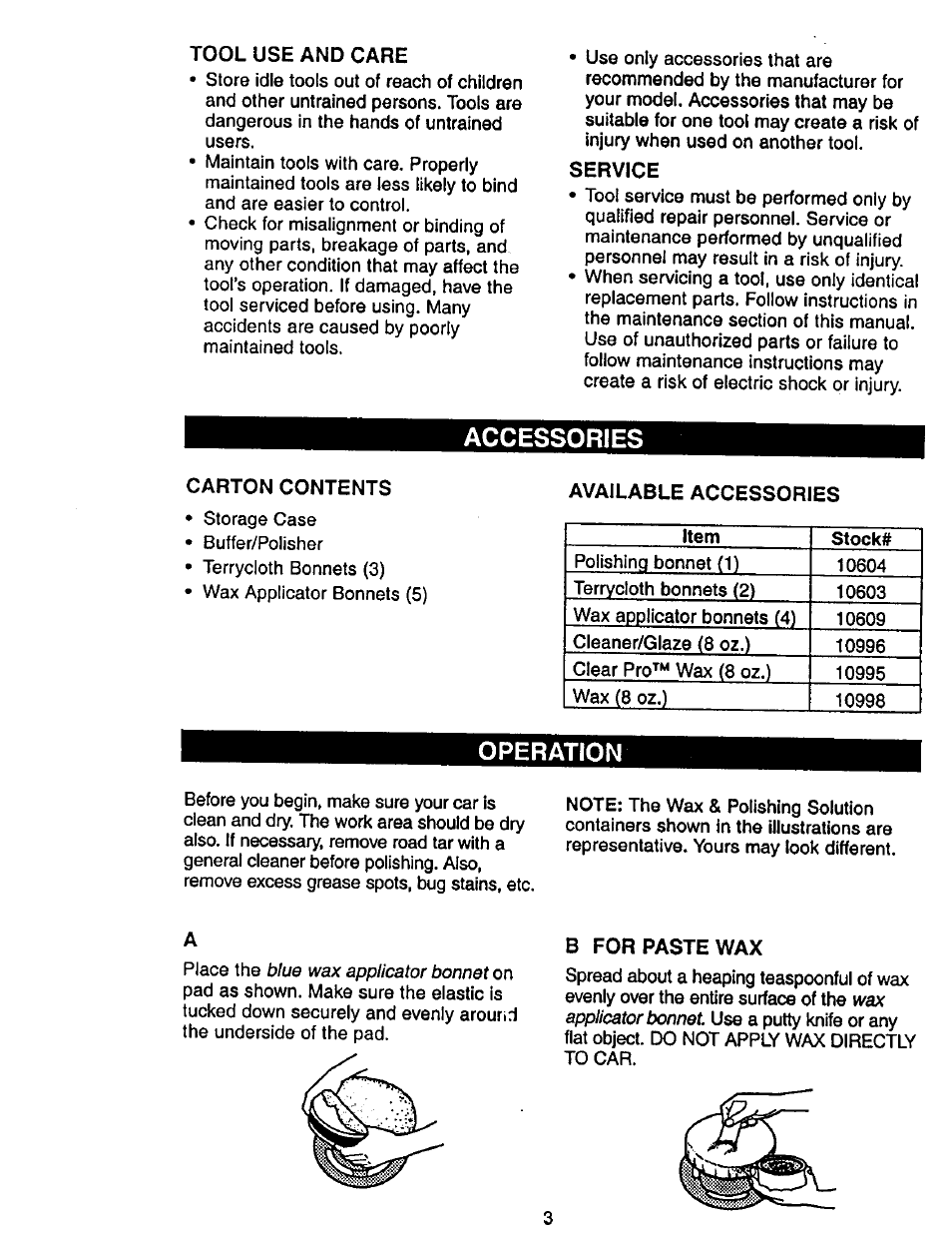 Tool use and care, Service, Accessories | Carton contents, Operation, B for paste wax | Craftsman 646.10620 User Manual | Page 3 / 8