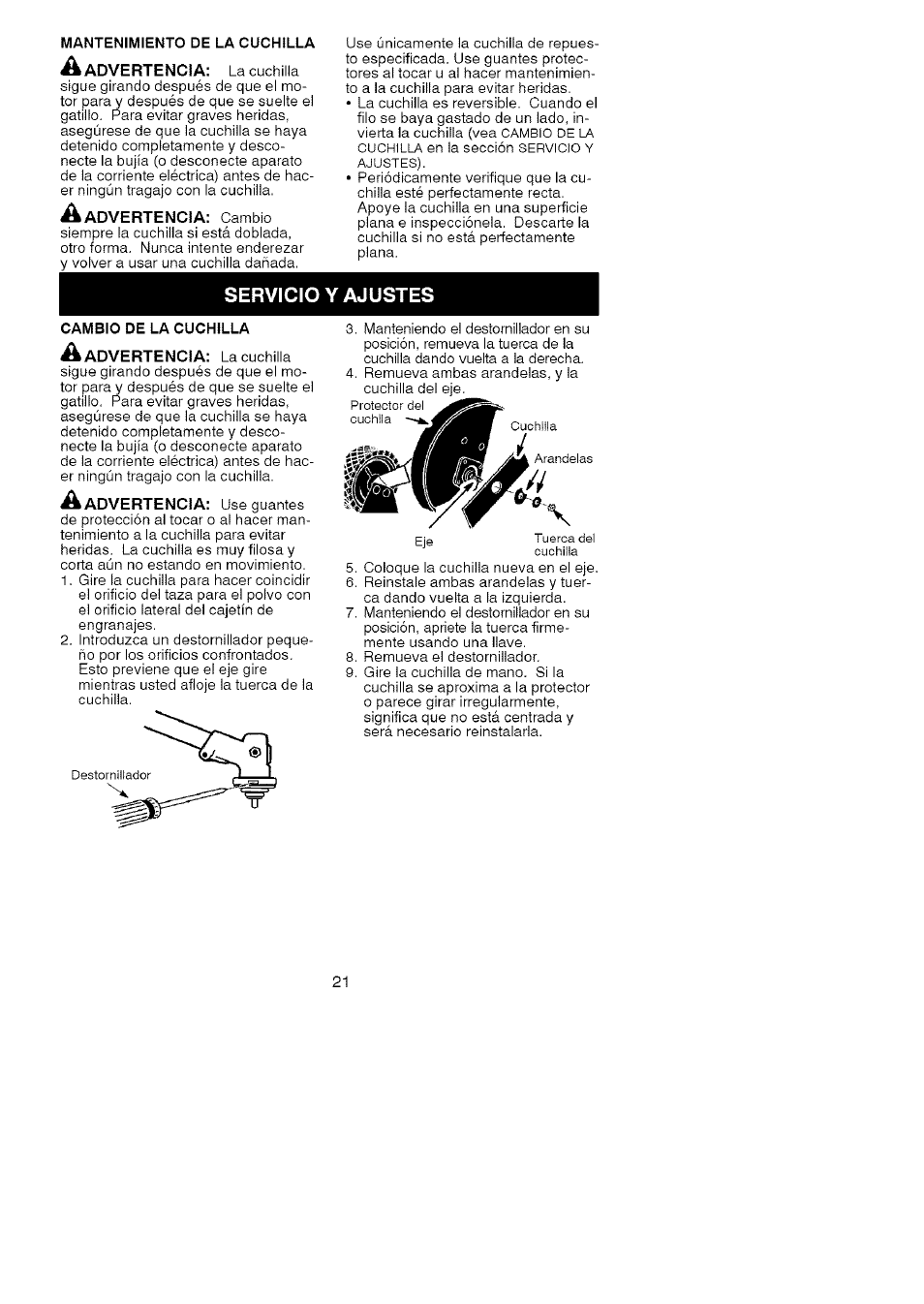 Servicio y ajustes | Craftsman 358.792403 User Manual | Page 20 / 21