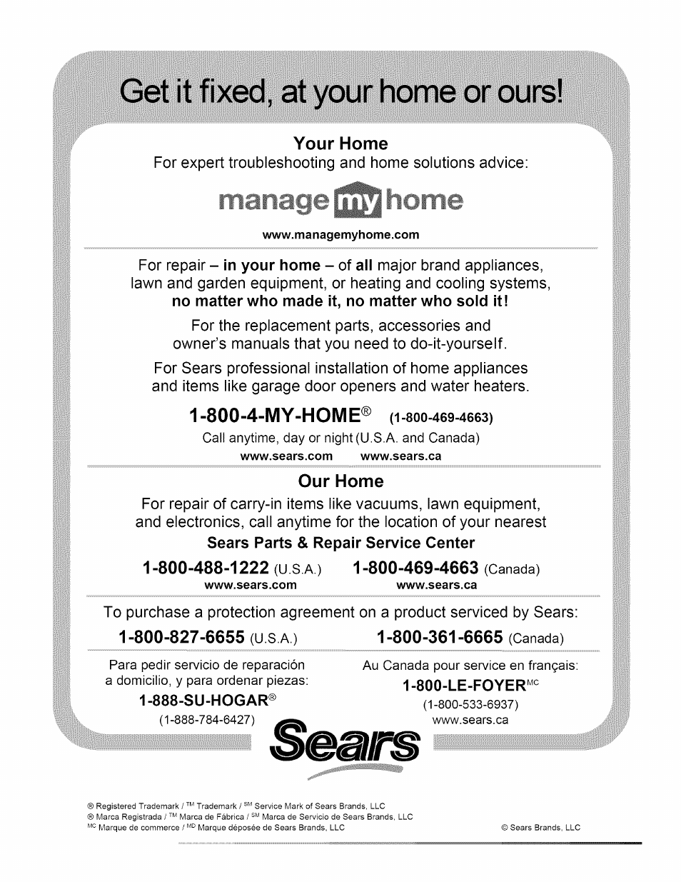 Your home, Our home, 1 -800-488-1222 (usa) 1 -800-469-4663 (canada) | Get it fixed, at your home or ours | Craftsman 486.24608 User Manual | Page 8 / 8
