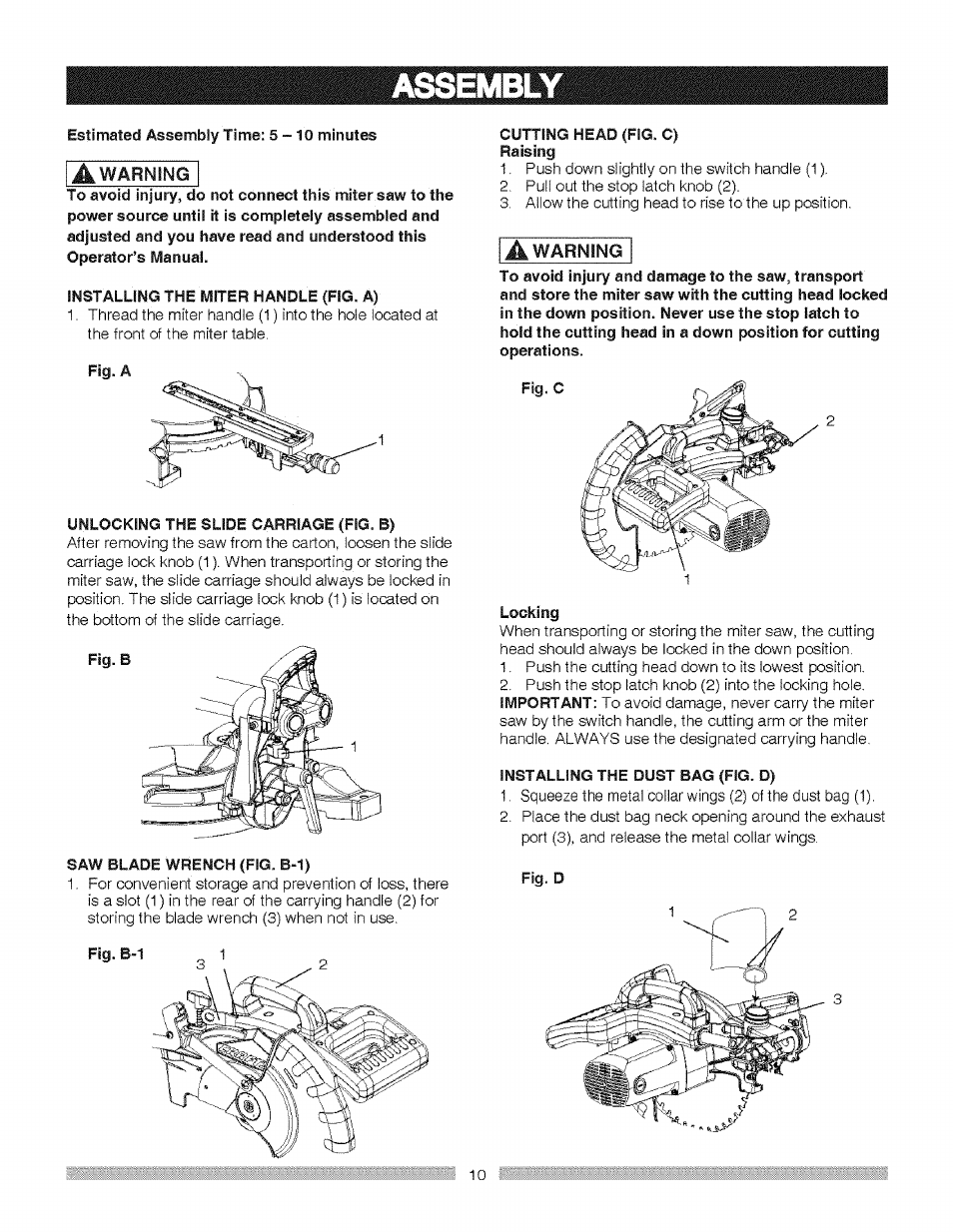 Saw blade wrench (fig. b-1), Cutting head (fig. c), Locking | Installing the dust bag (fig. d), Fig.d, Assembly | Craftsman 137.212370 User Manual | Page 10 / 30