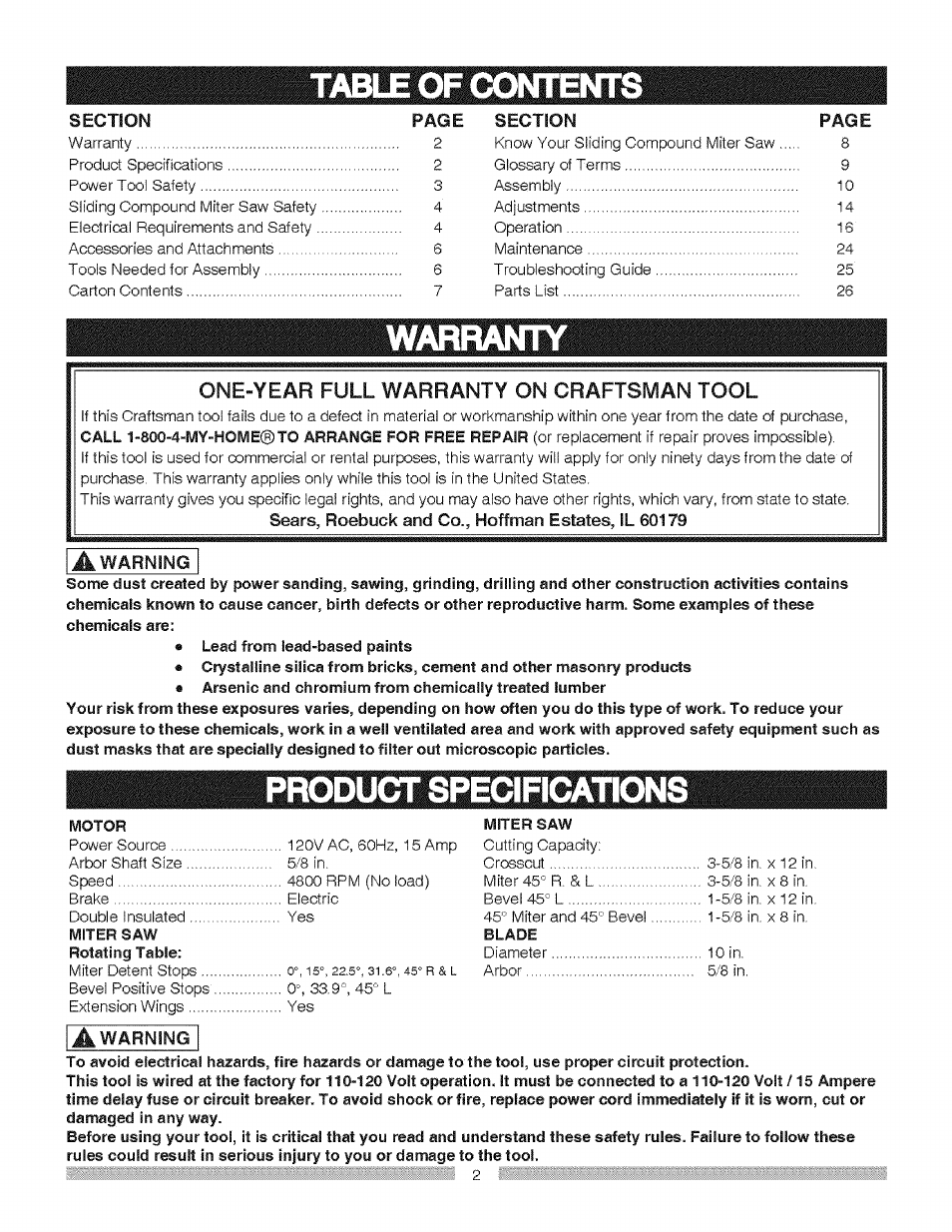 Table of œhttents, Warranty, One-year full warranty on craftsman tool | Craftsman 137.212370 User Manual | Page 2 / 30