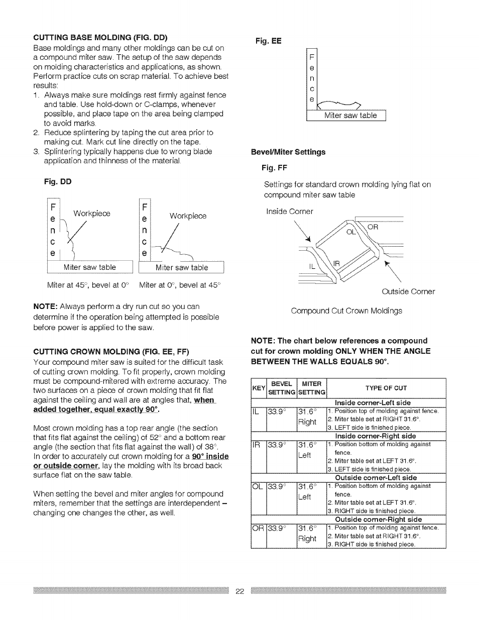 Bevel/miter settings fig. ff | Craftsman 137.212370 User Manual | Page 22 / 30