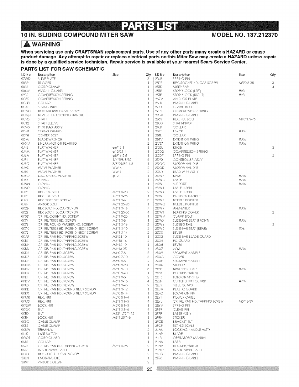 A warning | Craftsman 137.212370 User Manual | Page 26 / 30