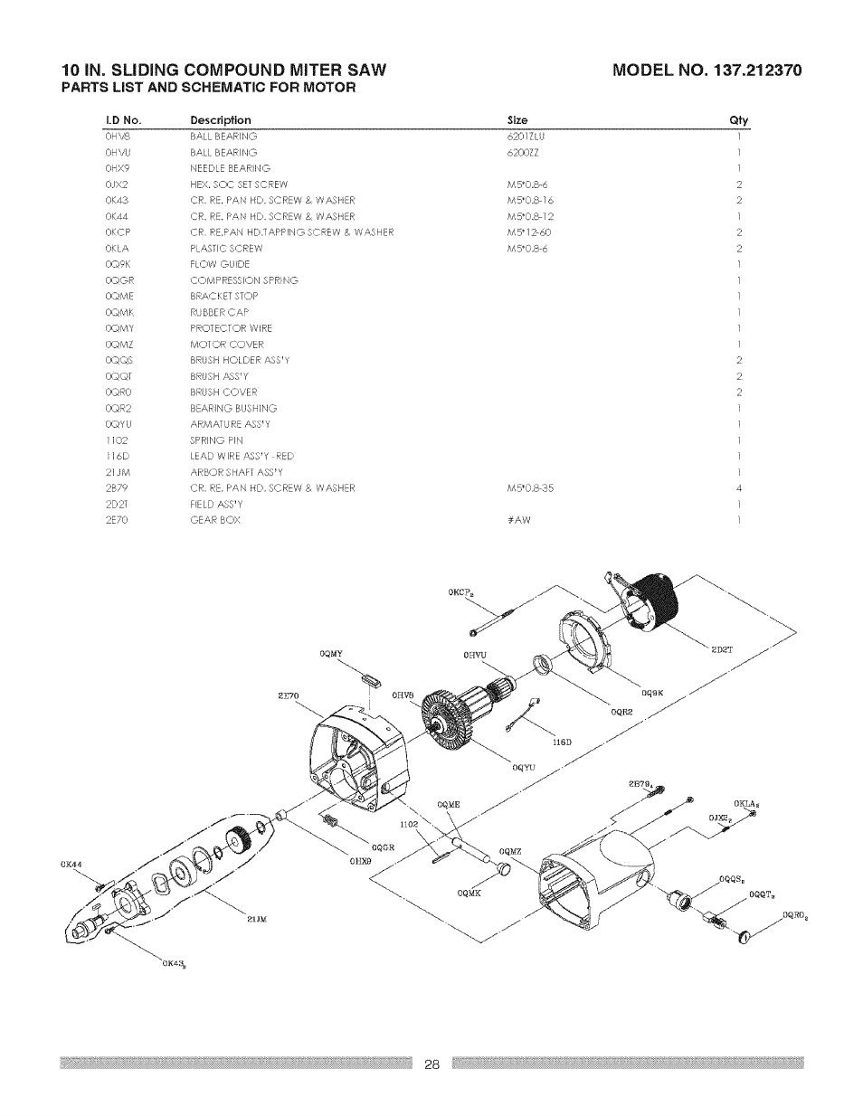 10 in. sliding compound miter saw, Parts list and schematic for motor, I.d no. description size qty | Craftsman 137.212370 User Manual | Page 28 / 30