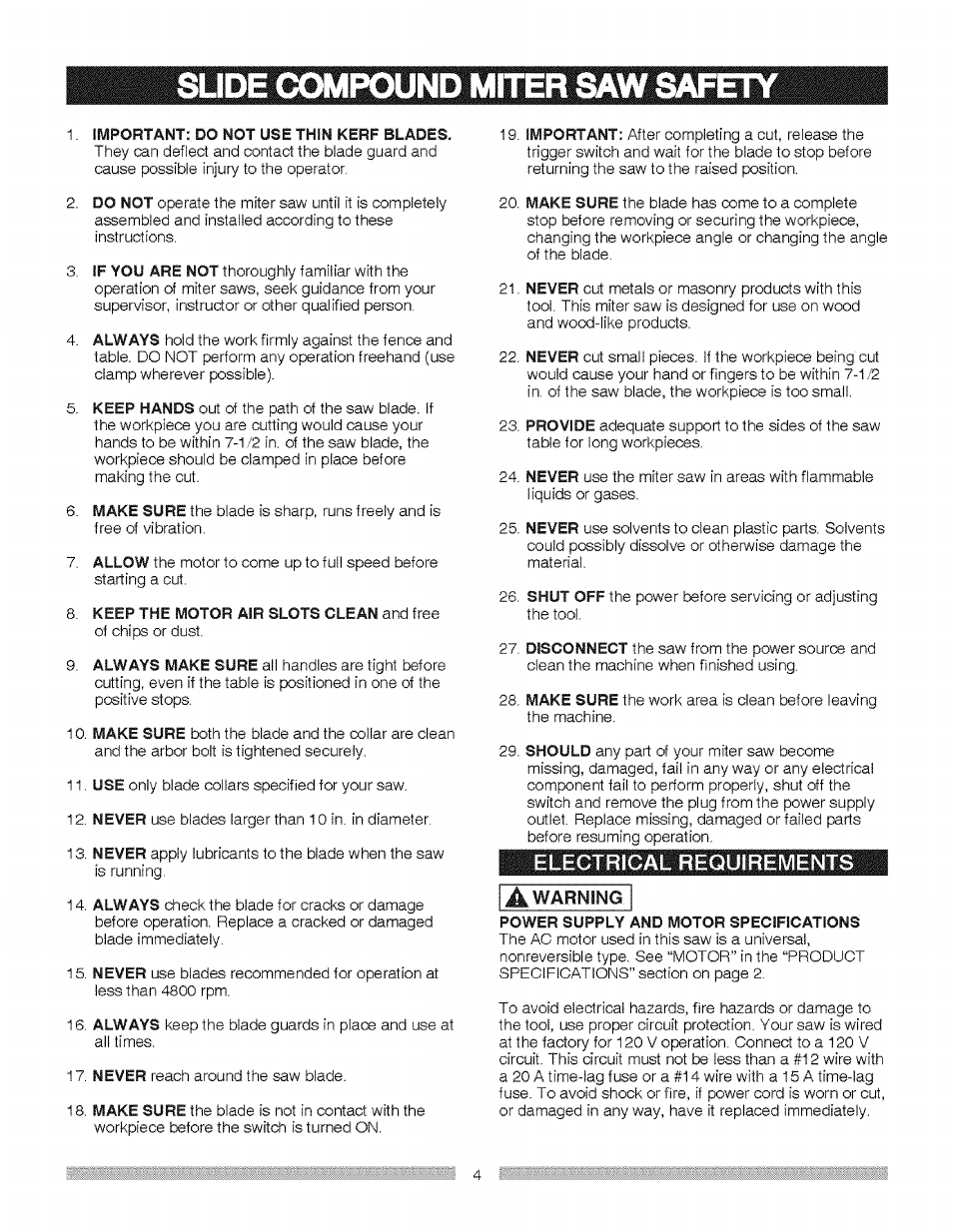 Electrigal requirements, Power supply and motor specifications | Craftsman 137.212370 User Manual | Page 4 / 30