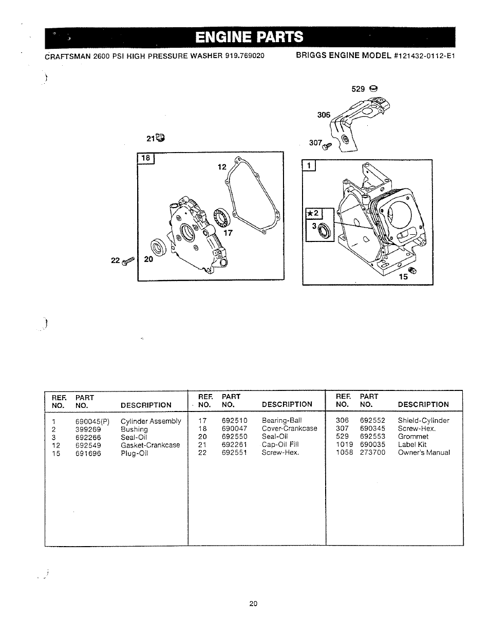 Ref. part no. no, Engine parts | Craftsman 919.769020 User Manual | Page 20 / 30