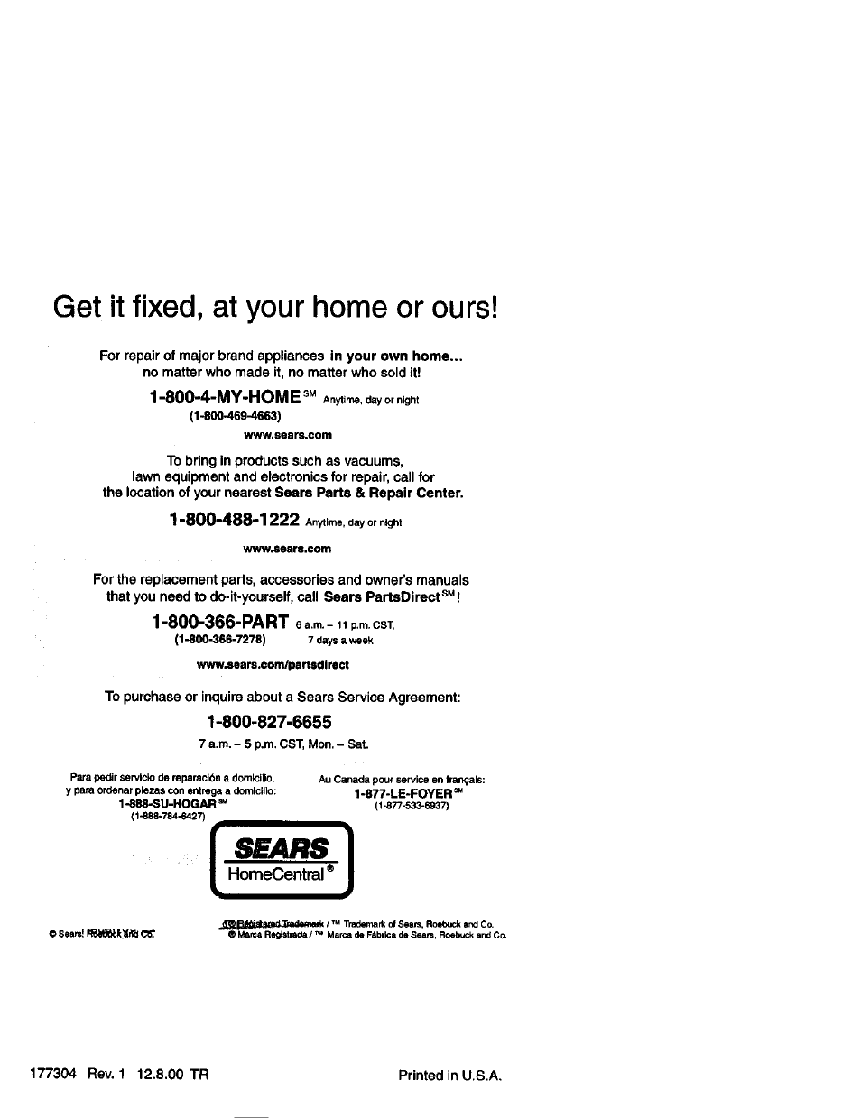 Get it fixed, at your home or ours, 800-4-my-home, Homecentral | Craftsman 917.271820 User Manual | Page 60 / 60