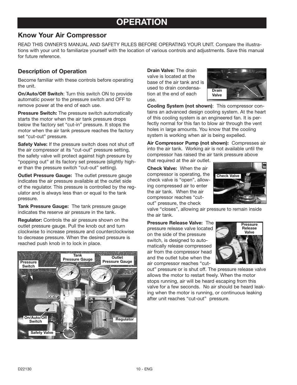 Operation, Know your air compressor, Description of operation | Craftsman 919.16778 User Manual | Page 10 / 36
