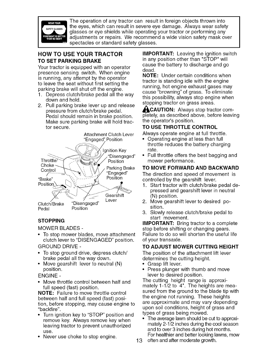 To use throttle control, To move forward and backward, To adjust mower cutting height | Craftsman 917.274750 User Manual | Page 13 / 56