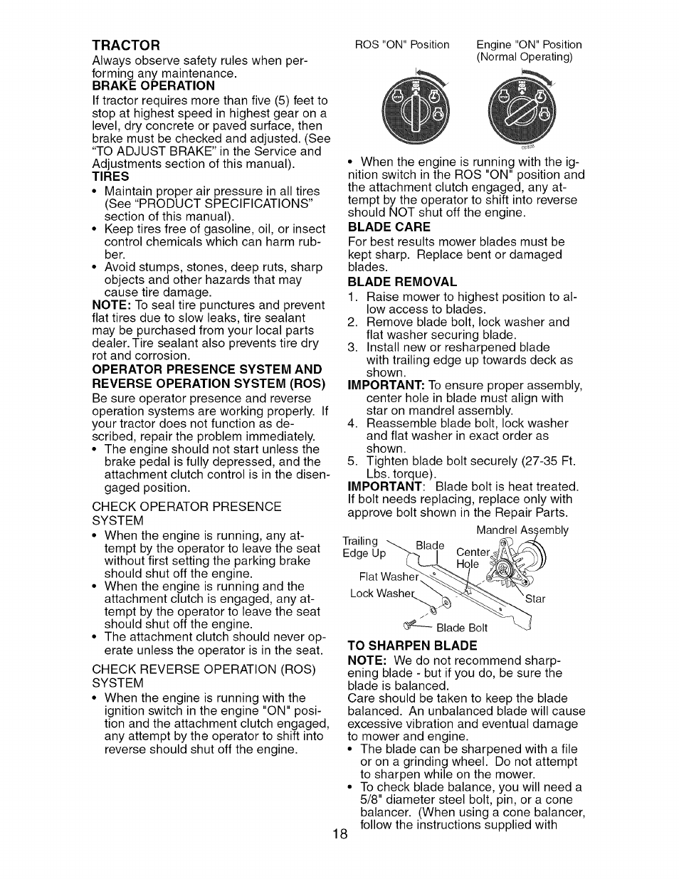 Brake operation, Blade care, Blade removal | Craftsman 917.274750 User Manual | Page 18 / 56