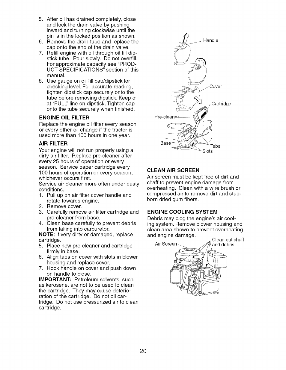 Engine oil filter, Air filter, Clean air screen | Engine cooling system | Craftsman 917.274750 User Manual | Page 20 / 56