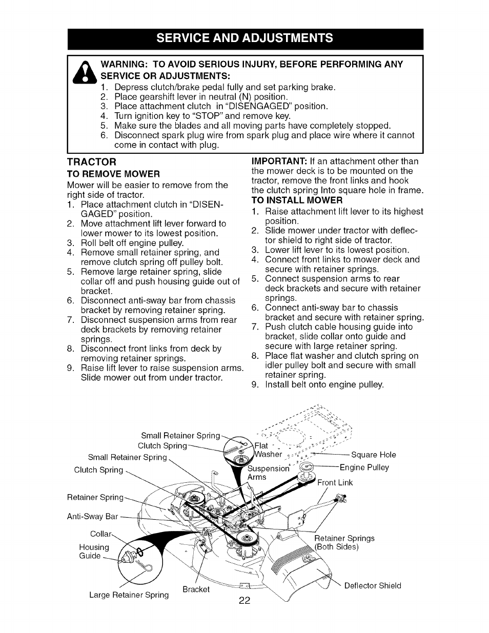 Service and adjustments, To remove mower | Craftsman 917.274750 User Manual | Page 22 / 56