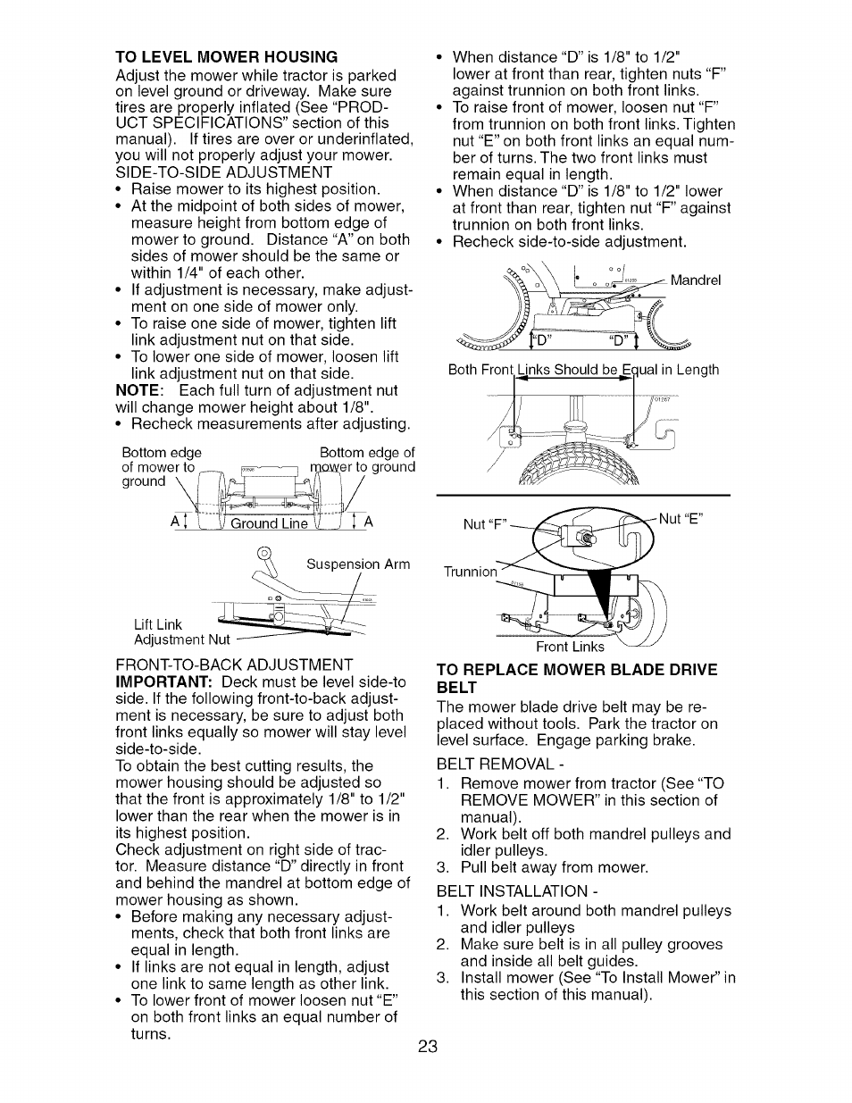 To level mower housing, To replace mower blade drive belt | Craftsman 917.274750 User Manual | Page 23 / 56