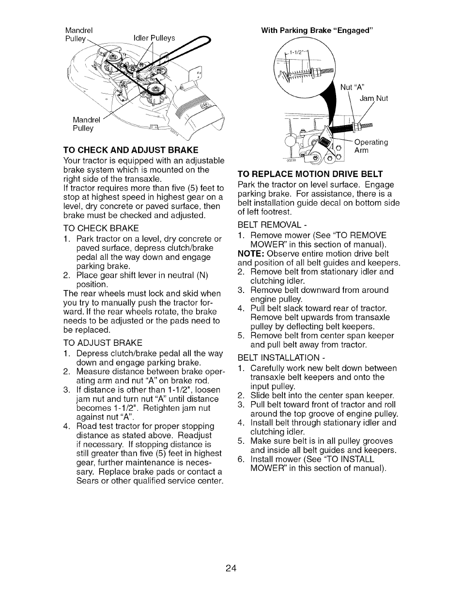 To check and adjust brake, To replace motion drive belt | Craftsman 917.274750 User Manual | Page 24 / 56