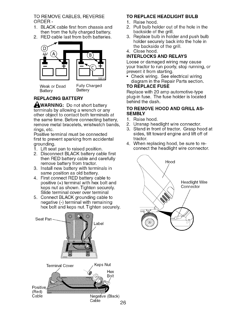 Replacing battery, To replace headlight bulb, To remove hood and grill assembly | Craftsman 917.274750 User Manual | Page 26 / 56