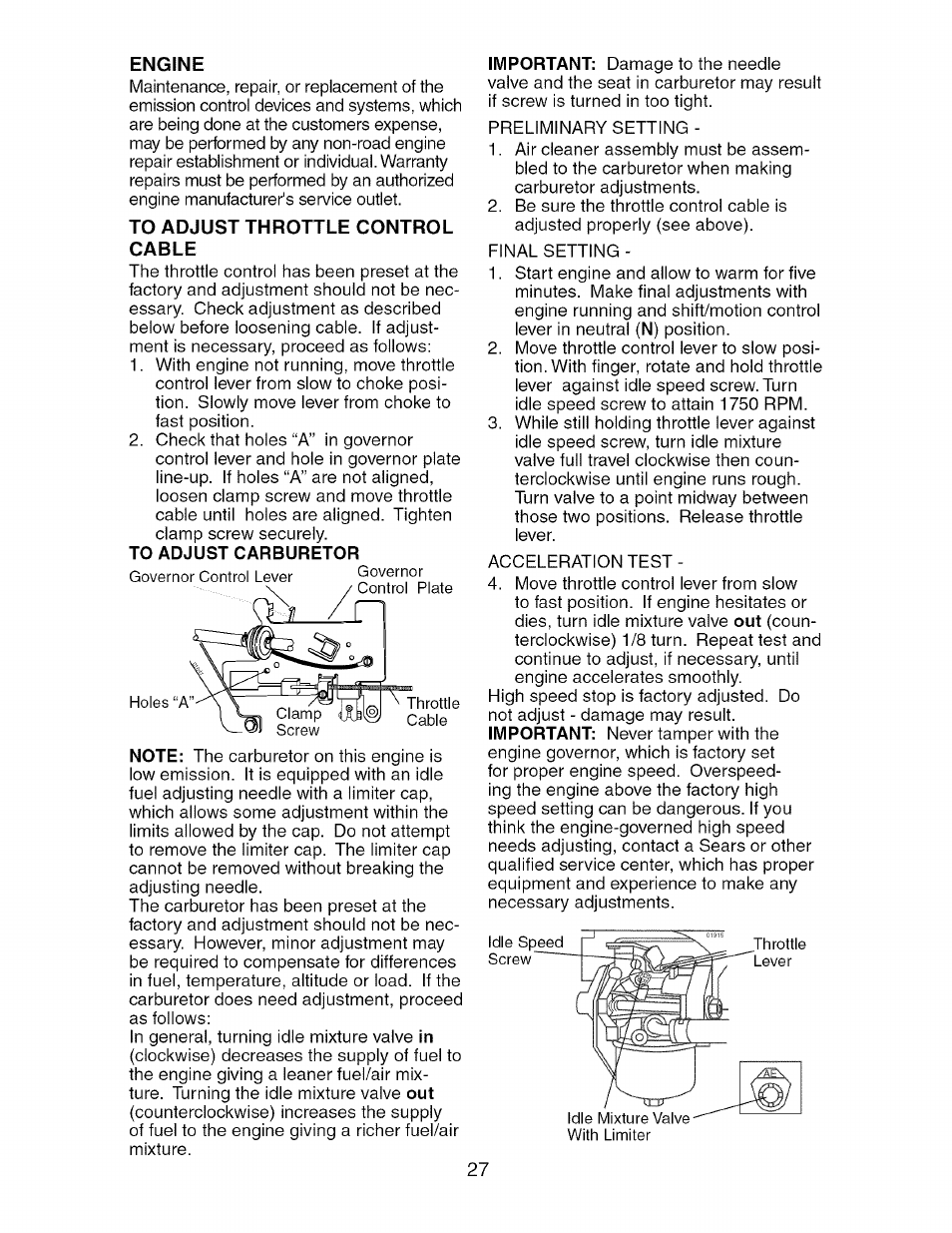 To adjust carburetor | Craftsman 917.274750 User Manual | Page 27 / 56