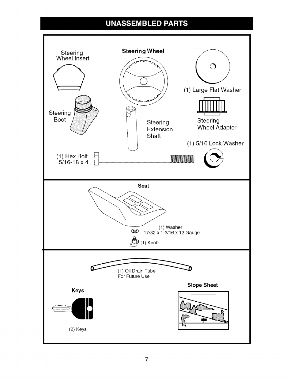 Unassembled parts, Steering wheel | Craftsman 917.274750 User Manual | Page 7 / 56