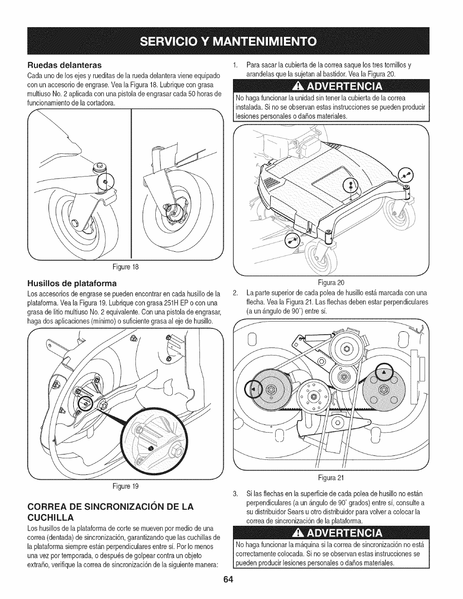 Correa de sincronización de la cuchilla, A advertencia, Servicio y mantenimiento | Craftsman 247.889980 User Manual | Page 64 / 76