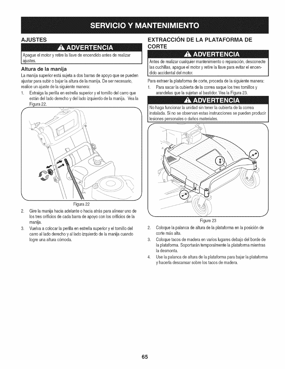 A advertencia, Extraccion de la plataforma de corte, Servicio y mantenimiento | Craftsman 247.889980 User Manual | Page 65 / 76