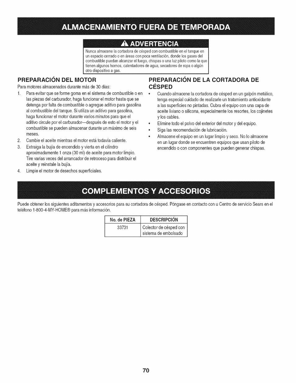 Almacenamiento fuera de temporad, A advertencia, Preparacion del motor | Preparacion de la cortadora de césped, Complementos y accesorios | Craftsman 247.889980 User Manual | Page 70 / 76