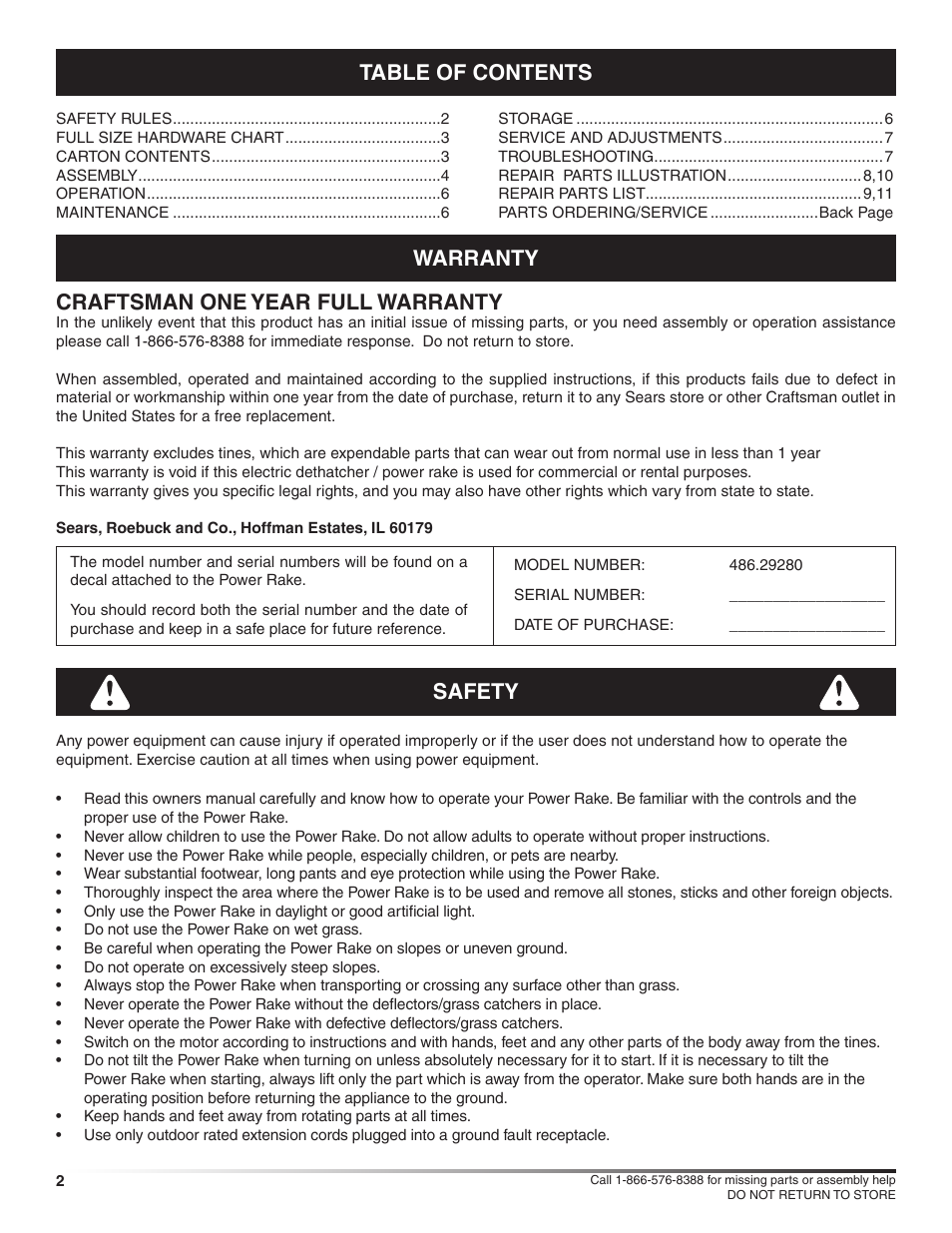 Craftsman POWER RAKE 486.2928 User Manual | Page 2 / 12