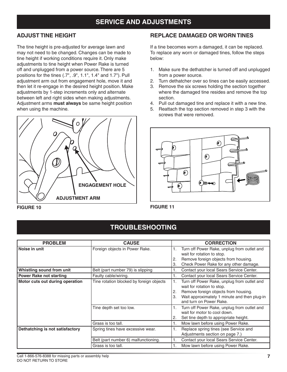 Service and adjustments troubleshooting | Craftsman POWER RAKE 486.2928 User Manual | Page 7 / 12