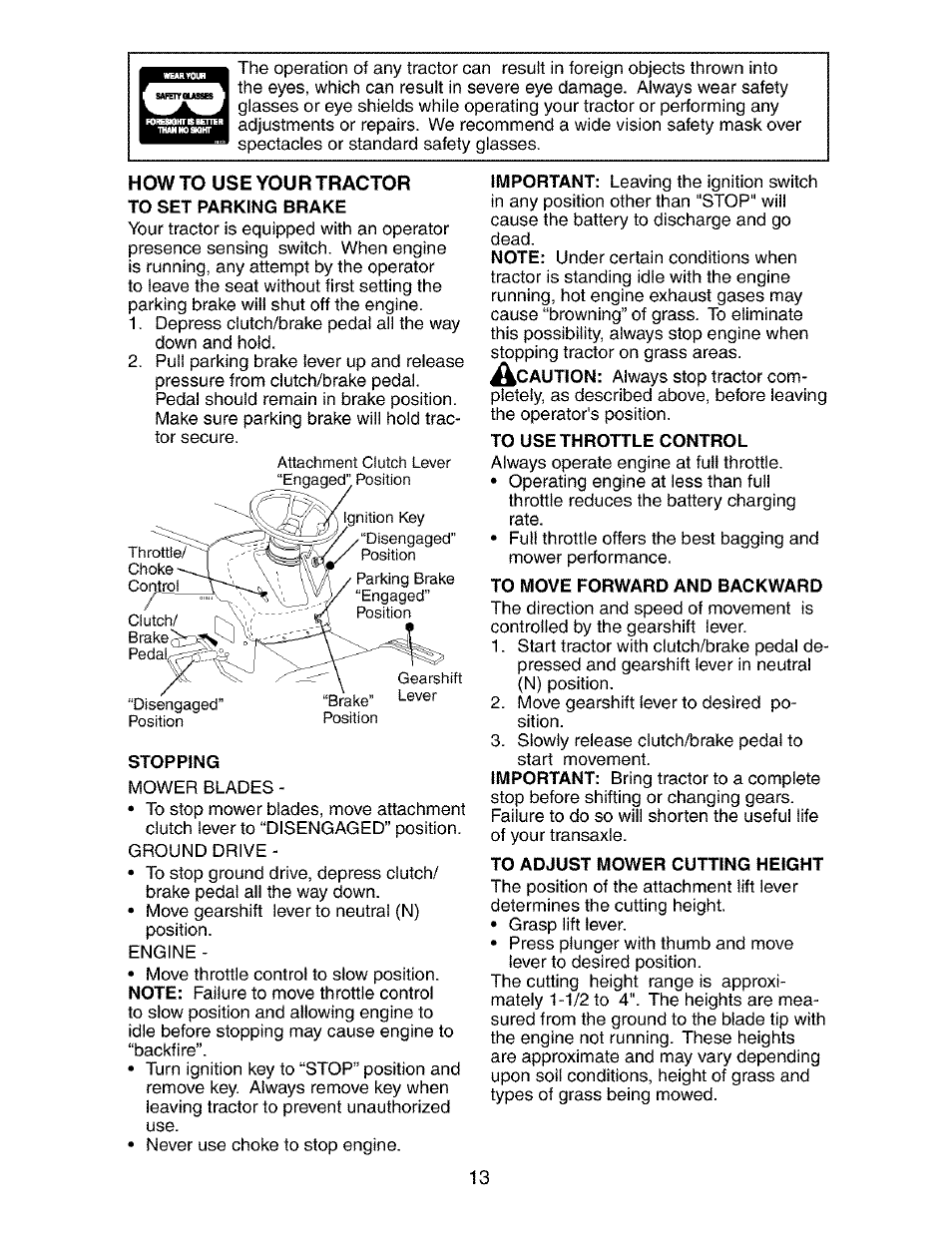 Howto use your tractor to set parking brake | Craftsman 917.273390 User Manual | Page 13 / 56