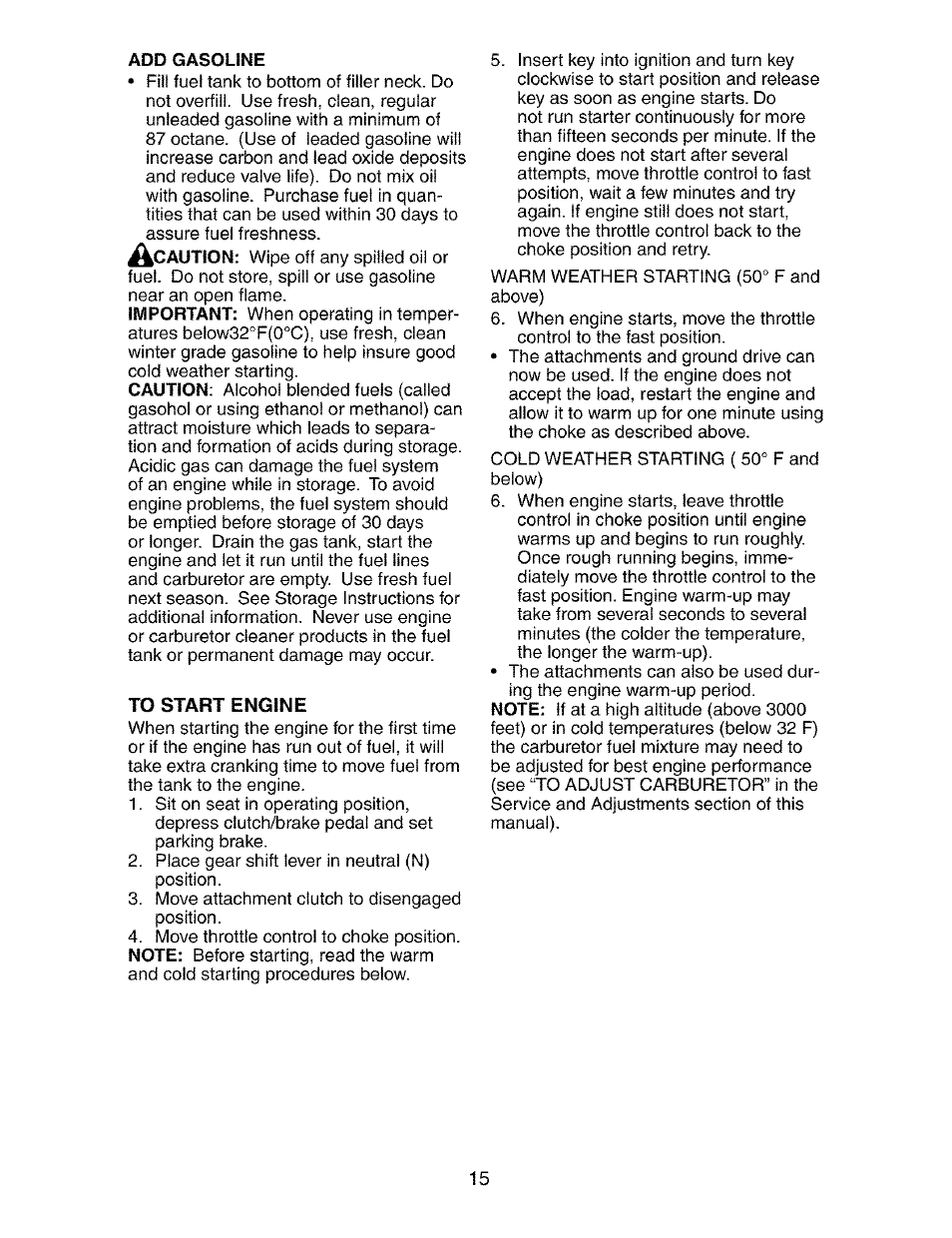 To start engine | Craftsman 917.273390 User Manual | Page 15 / 56