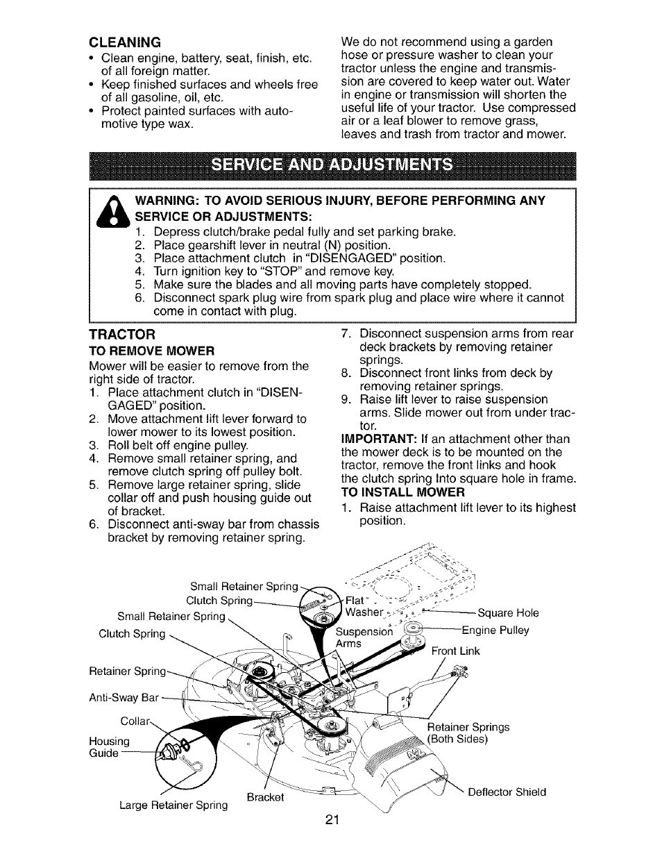 Cleaning, Service and adjustments | Craftsman 917.273390 User Manual | Page 21 / 56