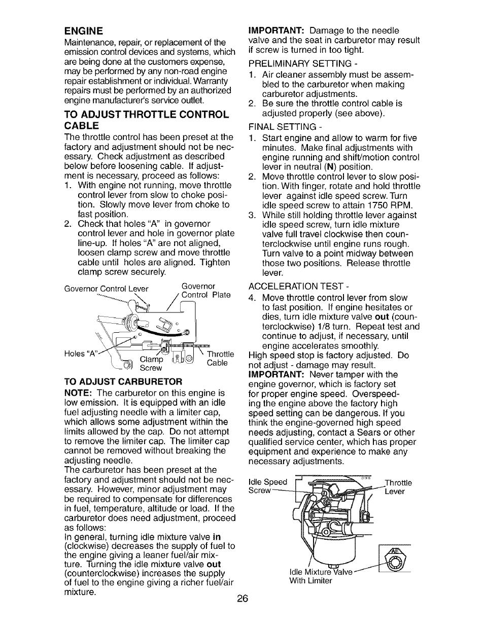 Engine, To adjustthrottle control cable | Craftsman 917.273390 User Manual | Page 26 / 56
