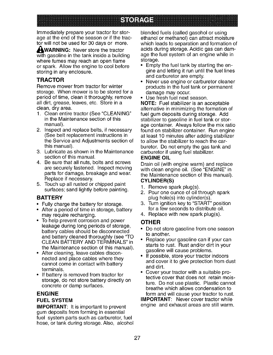 Storage, Tractor, Battery | Other | Craftsman 917.273390 User Manual | Page 27 / 56