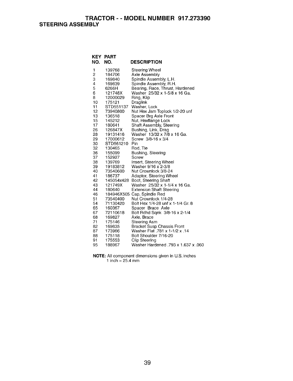 Tractor, Steering assembly | Craftsman 917.273390 User Manual | Page 39 / 56