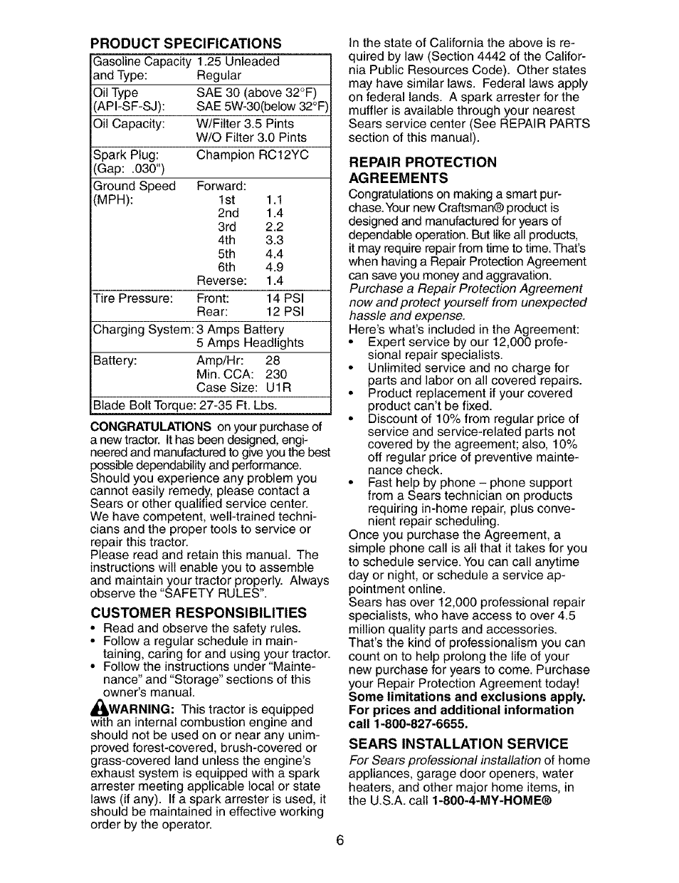 Customer responsibilities, Repair protection agreements, Sears installation service | Craftsman 917.273390 User Manual | Page 6 / 56