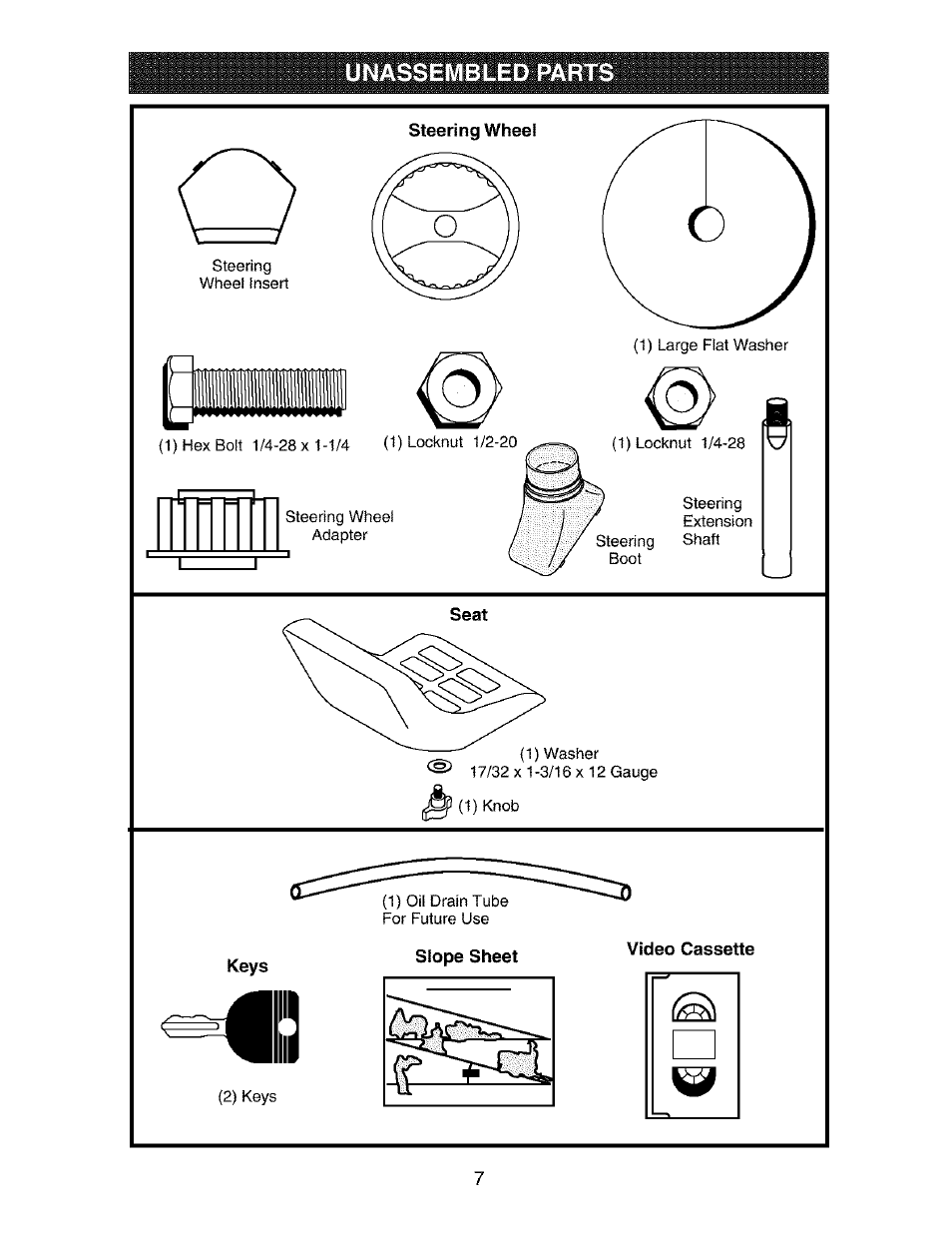 Unassembled parts, Steering wheel, Keys | Slope sheet, Video cassette | Craftsman 917.273390 User Manual | Page 7 / 56