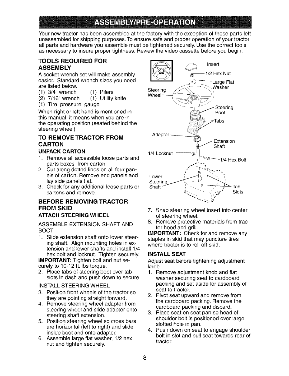 Assembly/pre-operation, Tools required for assembly, To remove tractor from | Carton, Before removing tractor from skid | Craftsman 917.273390 User Manual | Page 8 / 56