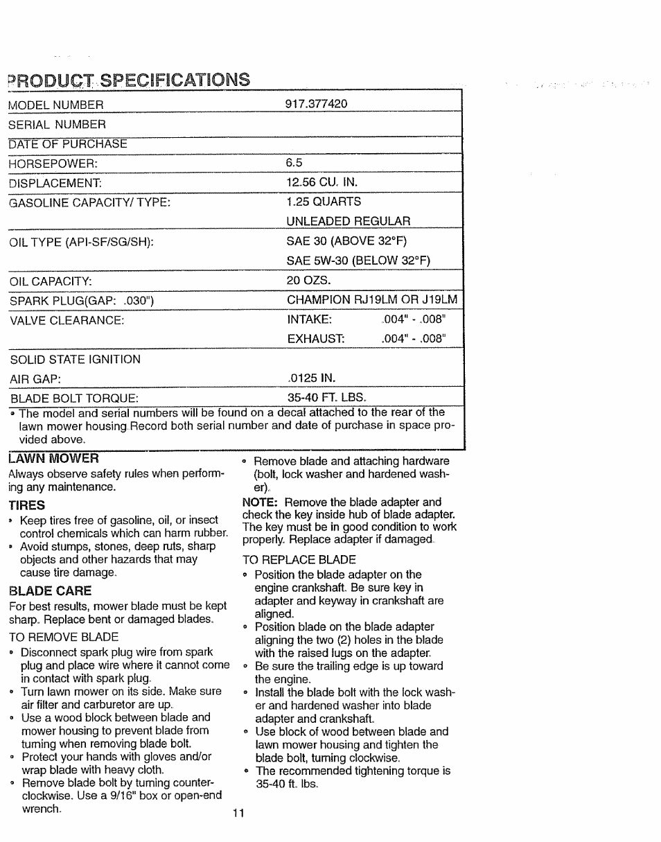 Tires, Blade care, Rrodugt specifications | Craftsman 917.37742 User Manual | Page 11 / 18