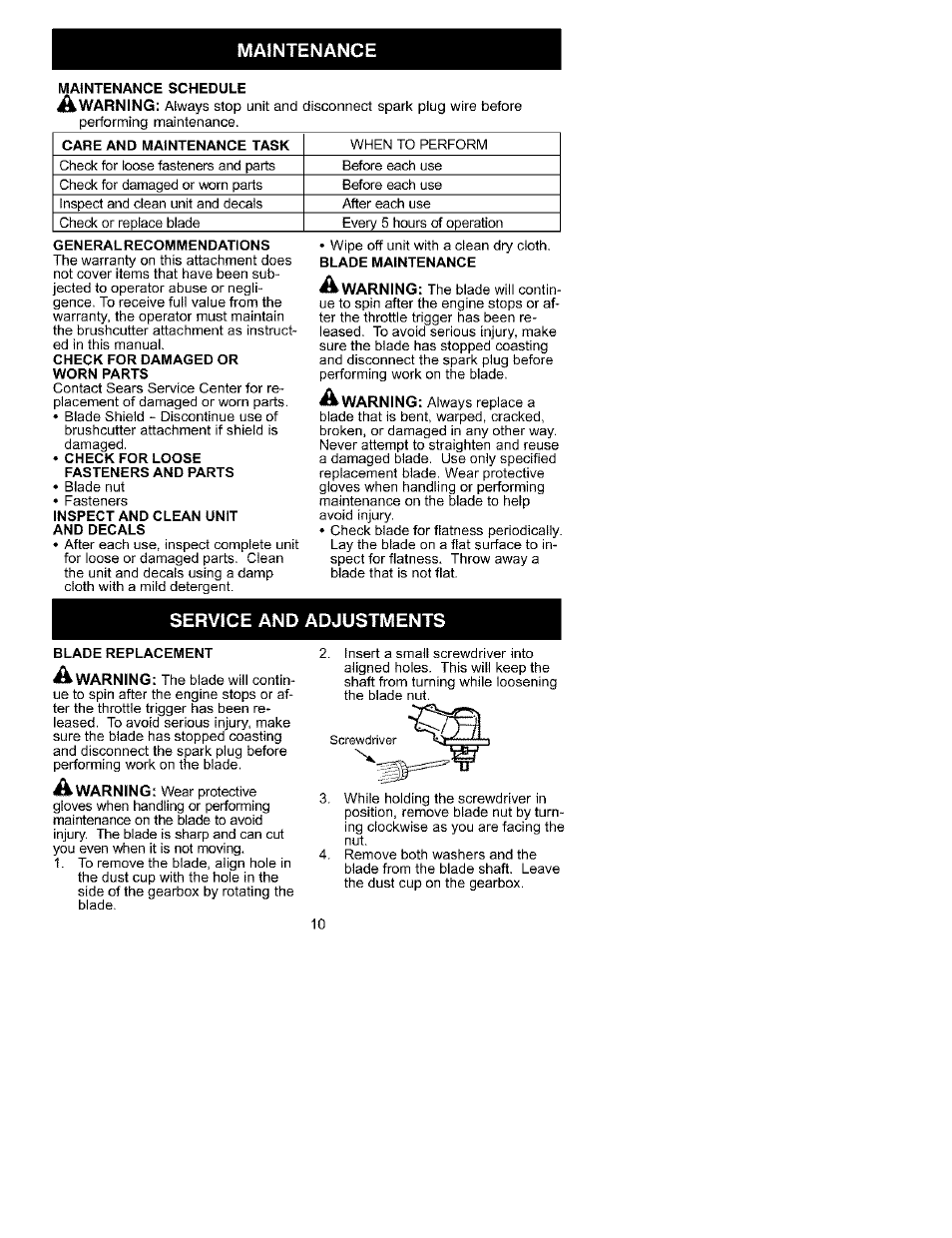 Maintenance, Service and adjustments | Craftsman 358.792430 User Manual | Page 10 / 22