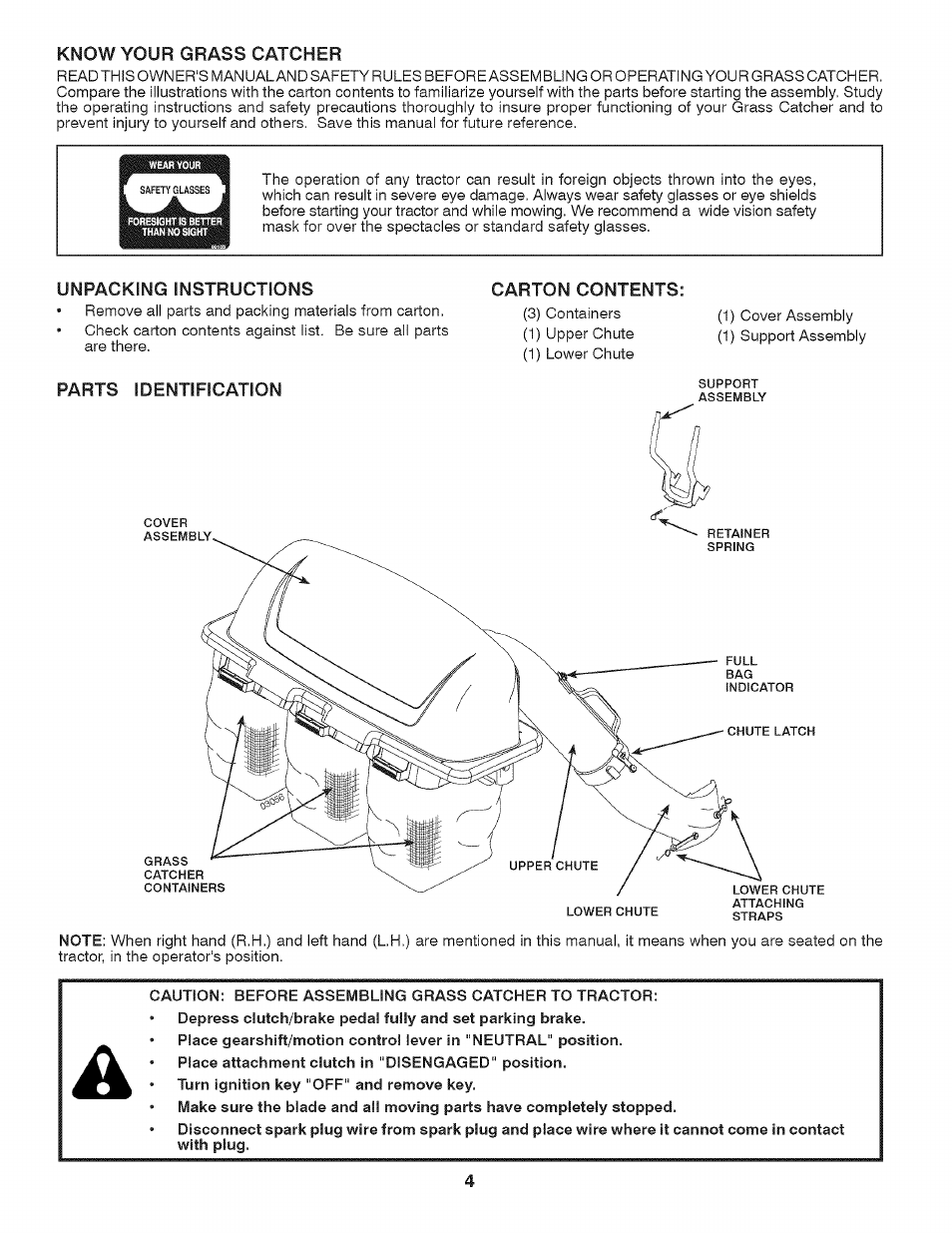 Know your grass catcher, Unpacking instructions, Parts identification | Carton contents, Parts identification carton contents | Craftsman 917.24899 User Manual | Page 4 / 13