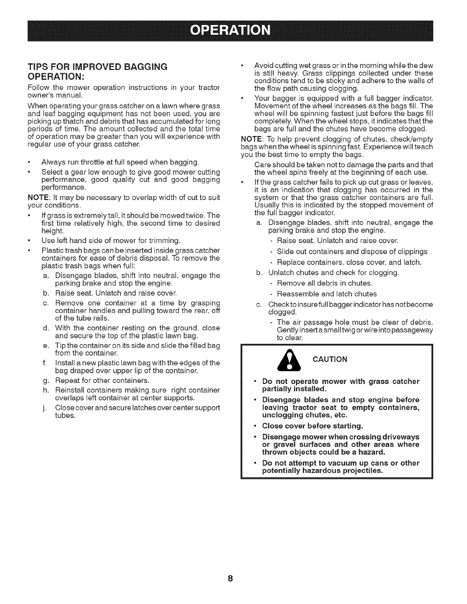 Operation, Tips for improved bagging operation | Craftsman 917.24899 User Manual | Page 8 / 13