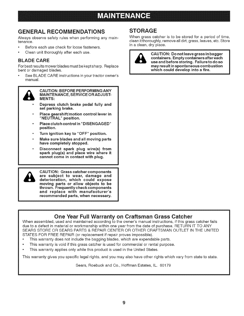 Maintenance, General recommendations, Storage | One year foil warranty on craftsman grass catcher, General, Foil | Craftsman 917.24899 User Manual | Page 9 / 13