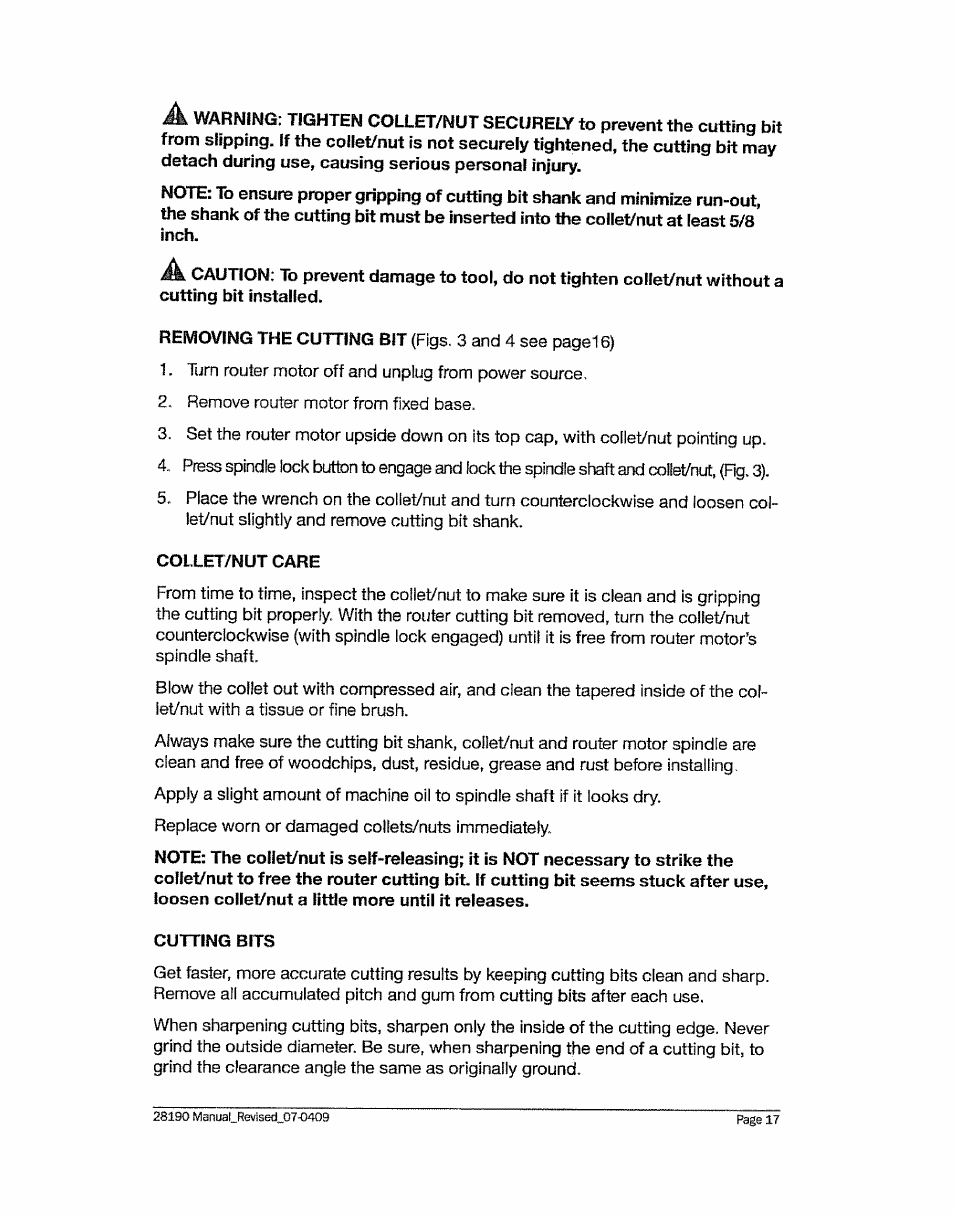 Collet/nut care, Cutting bits | Craftsman 320.28190 User Manual | Page 17 / 44