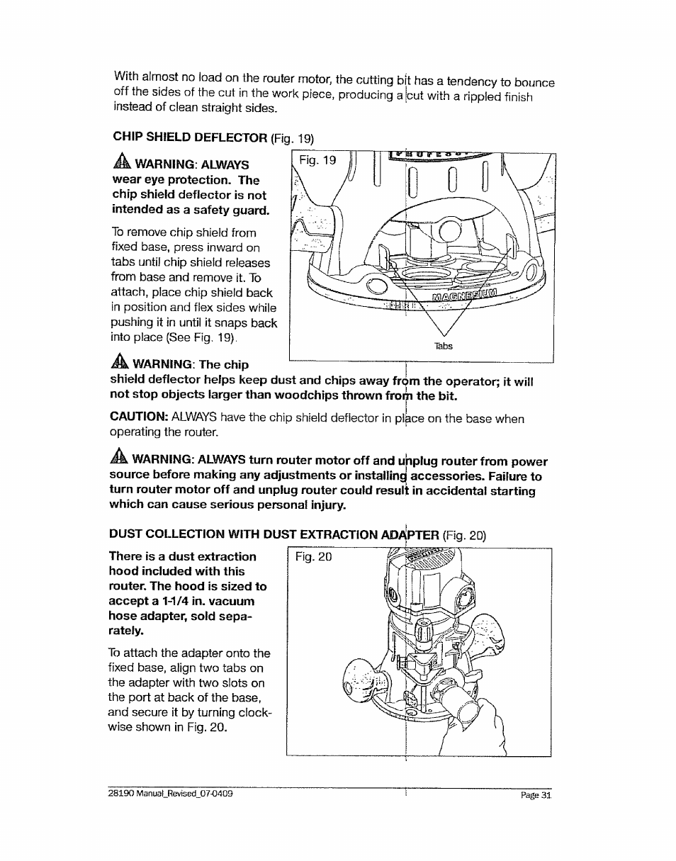 Chip shield deflector (fig, Warning: the chip | Craftsman 320.28190 User Manual | Page 31 / 44