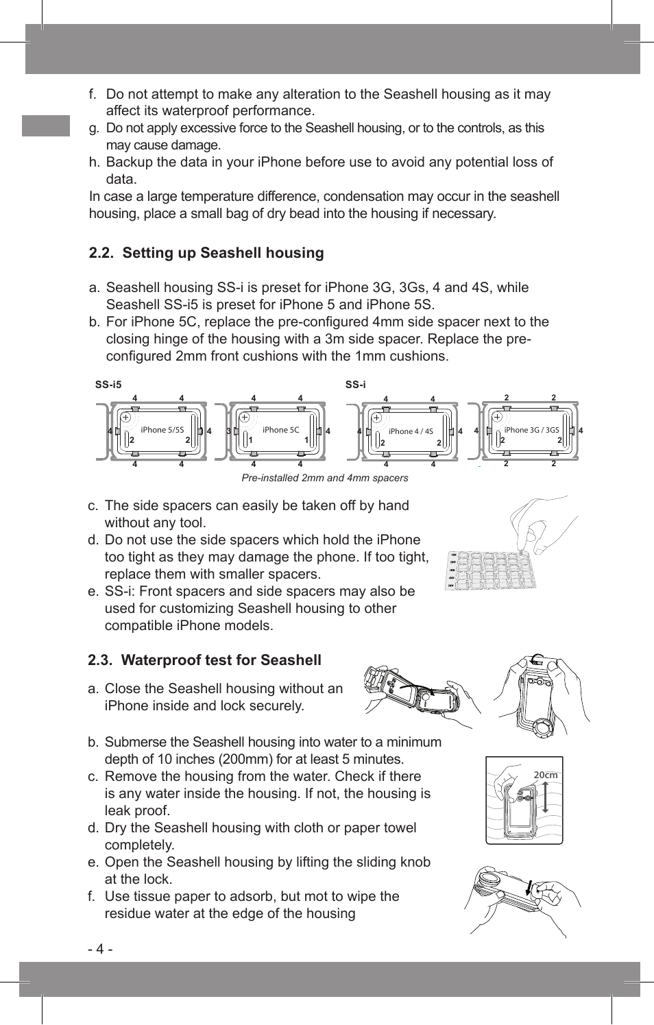 Setting up seashell housing, Waterproof test for seashell | SeaShell SS-i5 User Manual User Manual | Page 5 / 10