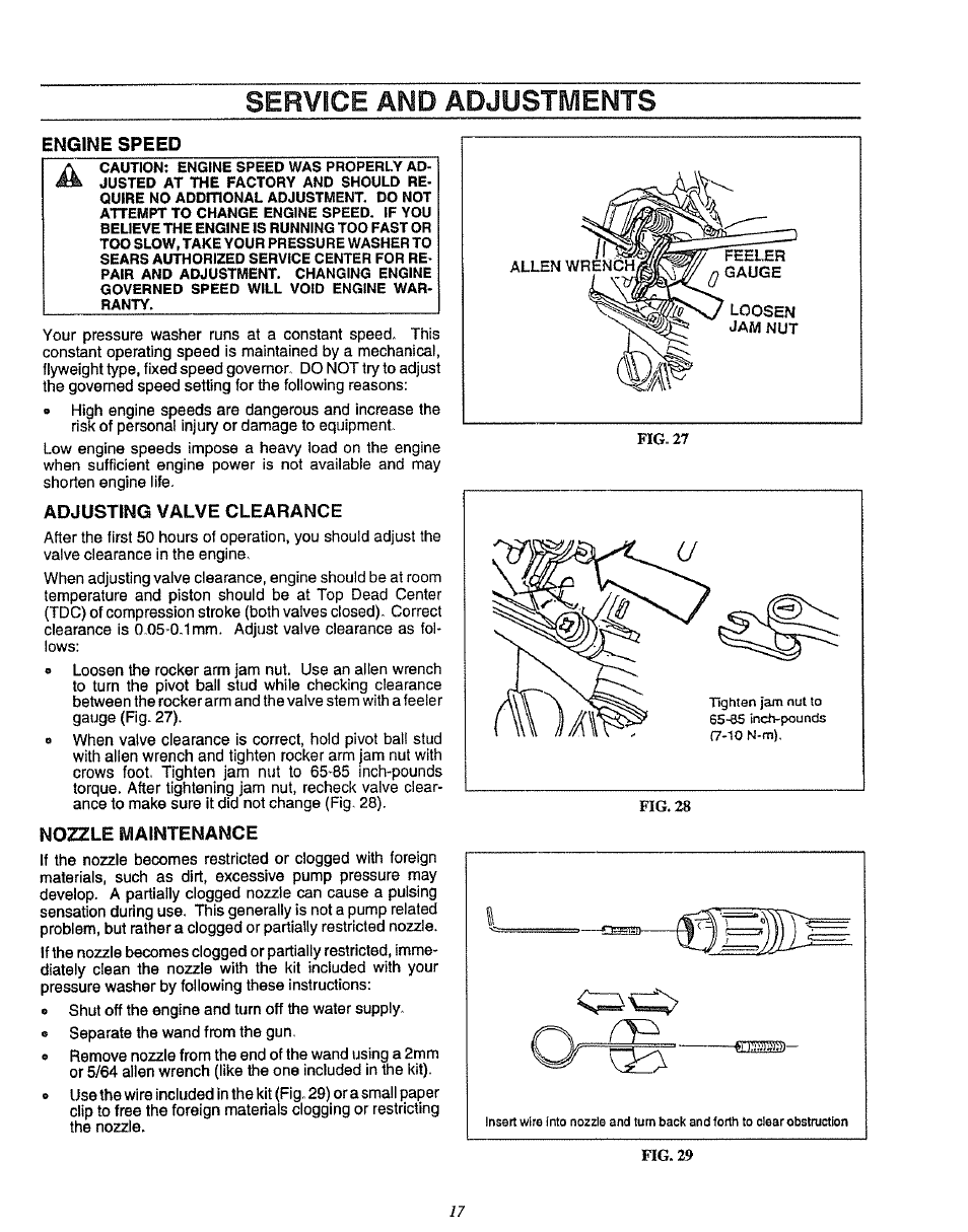 Engine speed, Adjusting valve clearance, Nozzle maintenance | Service and adjustments | Craftsman 580.751781 User Manual | Page 17 / 28